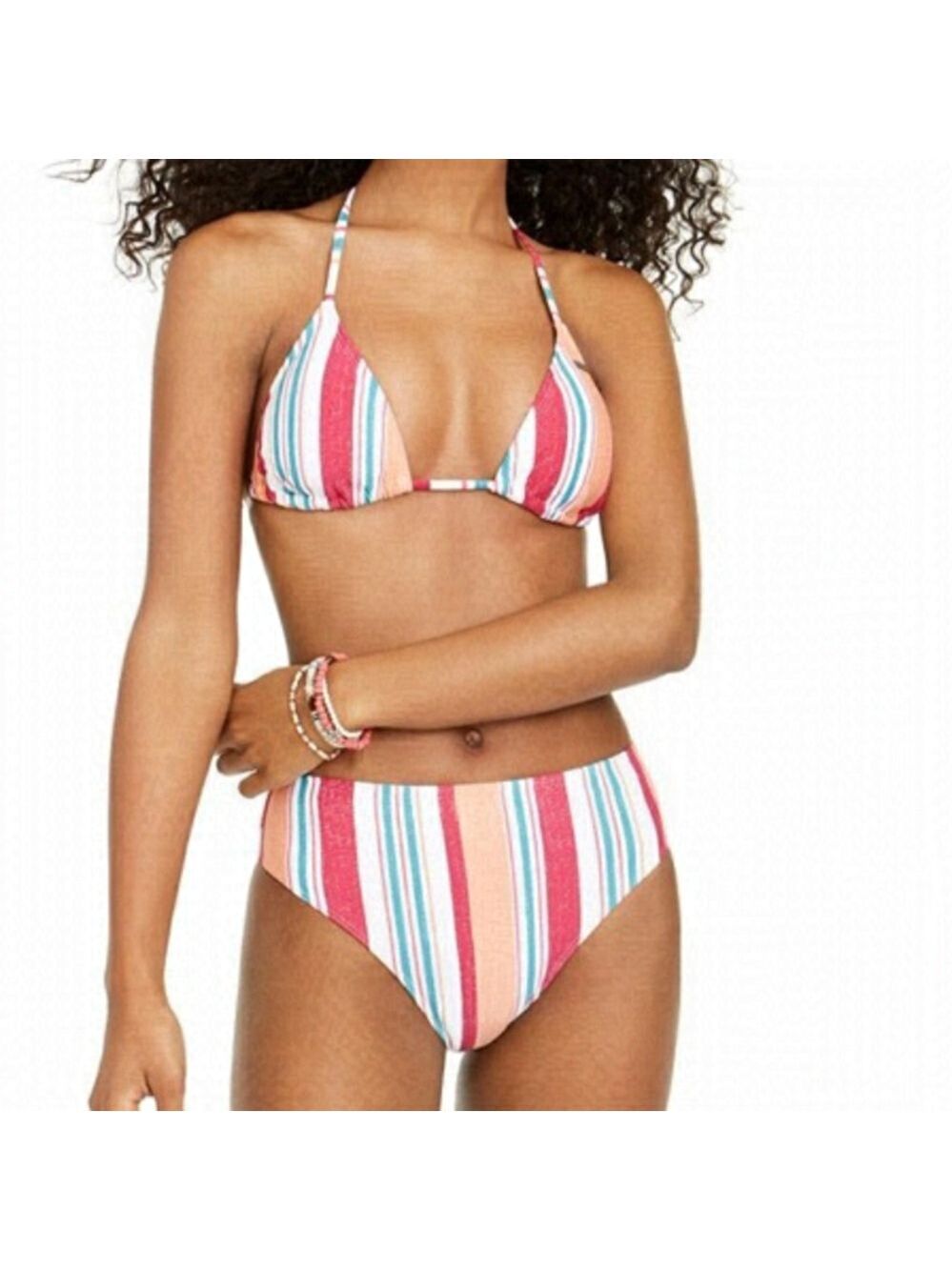 Nwt Roxy STRIPE Juniors' Striped High-Waist Bikini Swimsuit - M